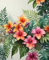 Illustration of a cluster of colorful tropical flowers and leaves against a soft watercolor background, nature scenes., tropical flowers