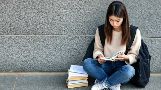 Young person deeply focused on reading a book while sitting on the ground in a city environment, surrounded by a stack of books