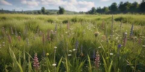 Obraz premium Illustration of a field with tall grass and wildflowers, scenery, botanical