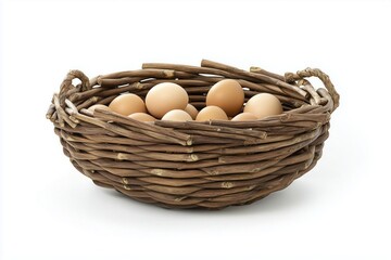 This wicker basket holds several fresh eggs, showcasing natural hues against a clean white background. Ideal for culinary use or as a decorative piece in a kitchen