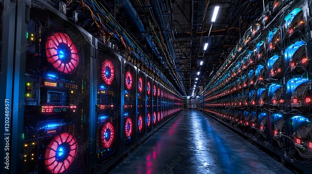 Poster illuminated server racks line a modern data center corridor
