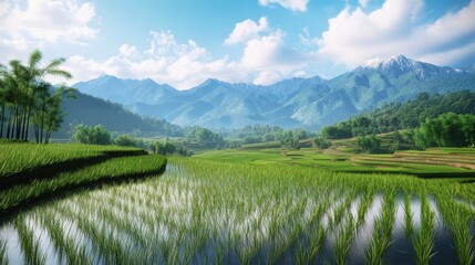 Rice paddy with mountains in background. Featuring a rice paddy with mountains in the background. Highlighting scenic and agricultural landscape. Ideal for nature and farming visuals.