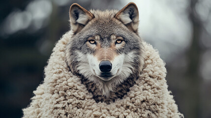 Fototapeta premium Close-up of a wolf wearing a sheep’s wool coat blending deception and nature with a calm yet intense gaze set against a neutral blurred background 