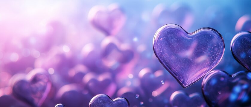 Floating transparent hearts create a dreamy atmosphere against a violet background in this enchanting visual display of love