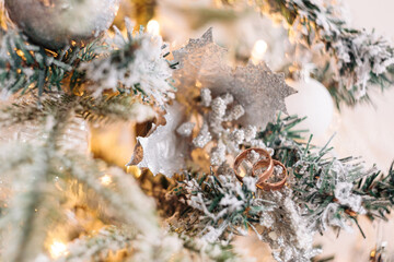 Wedding rings on fir branches and New Year's lights and toys, close-up, gold, love, objects, wedding, holiday, details.