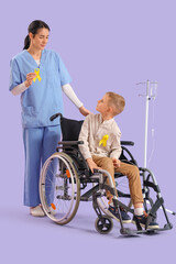 Little boy in wheelchair and doctor on lilac background. Childhood cancer awareness