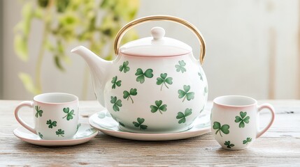 A charming teapot and cups adorned with green clovers, set on a wooden table, perfect for a cozy tea time.