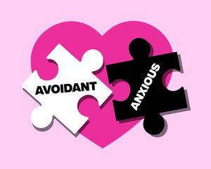 Avoidant and Anxious jigsaw puzzle. Connection between attachment styles. Love relationship and dynamics between partners. Toxic and unhealthy romantic partnership. Vector illustration.