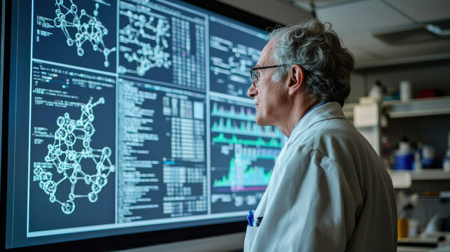 Elderly caucasian man scientist analyzing complex data on large computer screen in laboratory setting