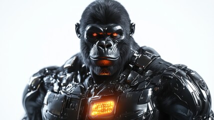 Powerful gorilla in futuristic armor, glowing chest piece.
