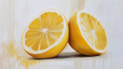 Two lemon halves, juicy, vibrant yellow, oil painting, still life.