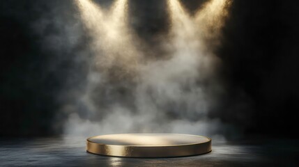 Gold podium on dark background with smoke. Empty pedestal for award ceremony. Platform illuminated by spotlights.
