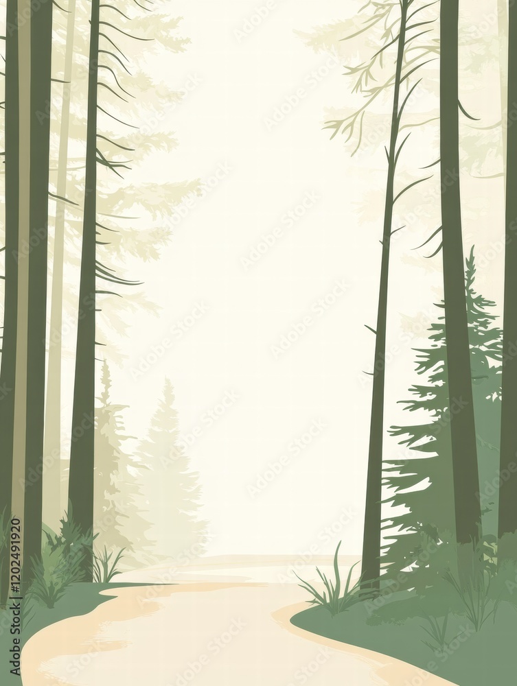 Poster winding forest trail inviting exploration through tall trees in early morning light. generative ai