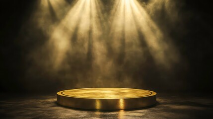 Gold podium on dark background with smoke. Empty pedestal for award ceremony. Platform illuminated by spotlights.