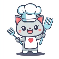 Cartoon cat chef holding forks, with a simple background, possibly for food ad