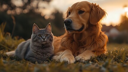 Golden Retriever, cat, sunset, garden, friendship, pet, animal, love, loyalty, outdoors, advertisement