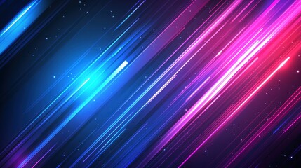 Abstract diagonal neon light streaks, blue and pink on dark background.