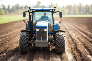 Obraz premium Drone view captures a tractor with harrow working a field under autumn sunlight in fading colors