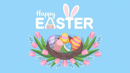 Easter Nest with Eggs and Floral Wreath