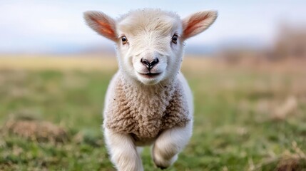 Fototapeta premium Lamb running in a green pasture, spring day. Ideal for Easter cards