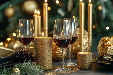 A chic birthday gathering unfolds with elegant golden decorations, shimmering candles, and wine glasses filled with rich red wine. The ambiance is warm and festive, perfect for adults