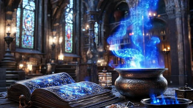 Mystical potion brews in an ancient library illuminated by stained glass windows
