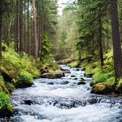 Obraz premium Serene Forest Stream Flowing Through Lush Greenery