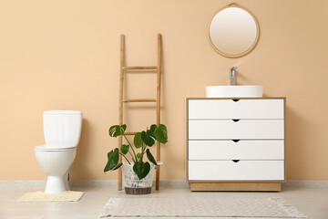 Interior of restroom with toilet bowl, chest of drawers and ladder near beige wall