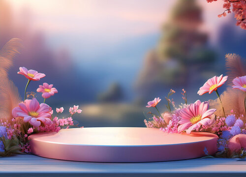 runde pr&auml;sentationsfl&auml;che mit reflektierender oberflaeche und mit blumen drumherum