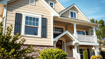 Dream House Exterior: Elegant Home Design with Stone Accents and Balcony