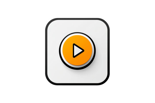 PNG cut out isolated background. A modern play button icon with a bold orange circle and black triangular play symbol, set on a white rounded square background.