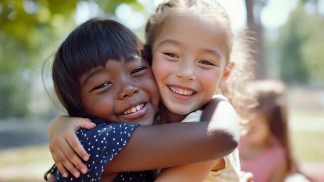 Two little girls hugging and smiling outdoors in bright sunlight. International Children's Day