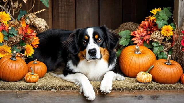 A lovely dog relaxes among pumpkins and colorful autumn flowers, showcasing the beauty of fall in a warm atmosphere
