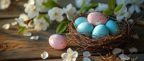 Obraz premium Colorful easter eggs nestled in rustic basket surrounded by spring blossoms in sunlit wooden setting