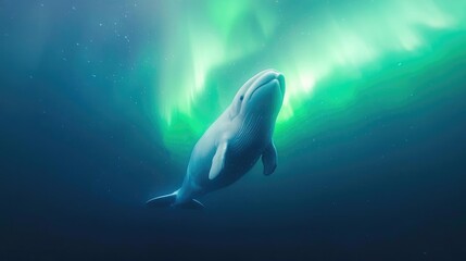 Fototapeta premium Beluga whale swims gracefully through deep blue ocean waters illuminated by the glowing green light of the aurora borealis.