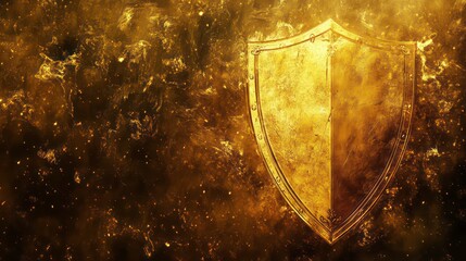 Fototapeta premium Glowing golden shield with fiery sparks, radiating power and protection.