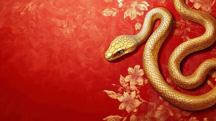Obraz premium Golden snake slithering on red background with floral decoration