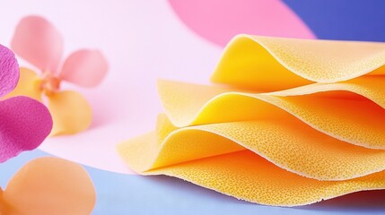 Fototapeta premium Cloth with flower on blue, pink, yellow background