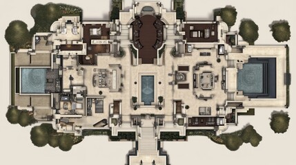 Fototapeta premium Floor plan for a luxury mansion, including a home theater, gym, and expansive master suite