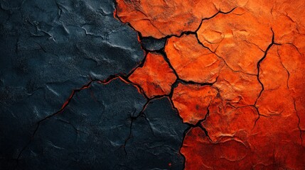 Fototapeta premium Cracked earth, fiery orange and dark blue tones, texture background, design element