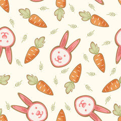 Easter seamless pattern with cookies in the shape of a bunny and carrot. On a white background with green leaves. Children cute animal pattern.
