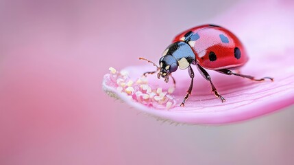 Fototapeta premium Ladybug on pink petal, pollen, macro shot, nature background, spring card