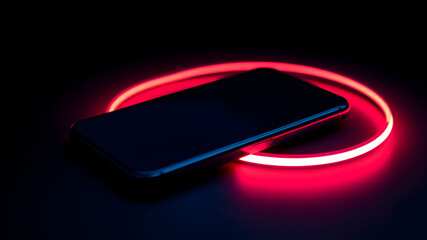 smartphone with futuristic neon light circle on dark background. Generative AI