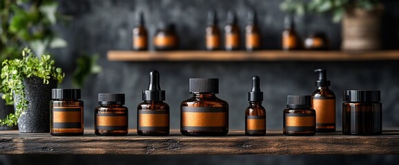 Amber bottles, wooden shelf, plant backdrop.  Lifestyle product display