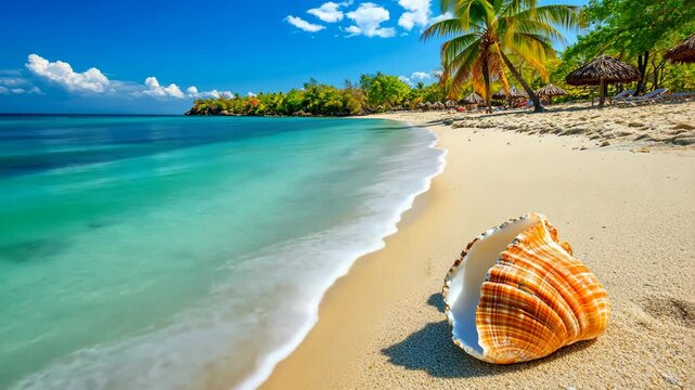 Bright sandy beach with a large seashell and gentle waves under a clear blue sky