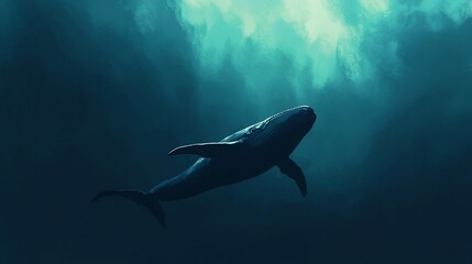 Naklejka premium Humpback whale gracefully swimming in deep ocean with light rays shining from above