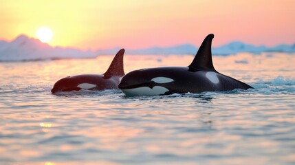 Naklejka premium Orcas at sunset, Arctic ocean, icebergs background; wildlife photography