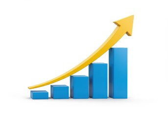 A 3D illustration of a blue bar chart with four increasing bars accompanied by a bold yellow upward arrow