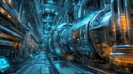 futuristic heavy machinery in a sci-fi industrial setting, glowing interfaces, sleek yet robust design, intricate mechanical movements, immersive atmosphere