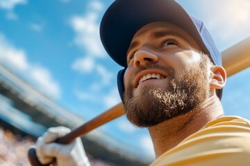 Young caucasian male baseball player holding bat on sunny day